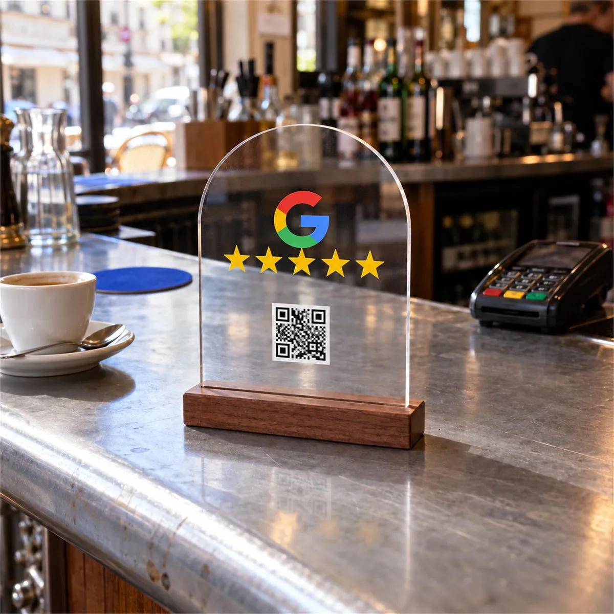 Modèle de plaque avis Google : Acrylique sur socle bois