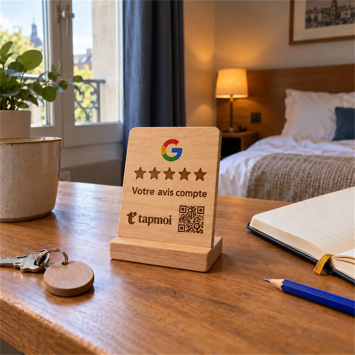Modèle de plaque avis Google : Présentoir bois