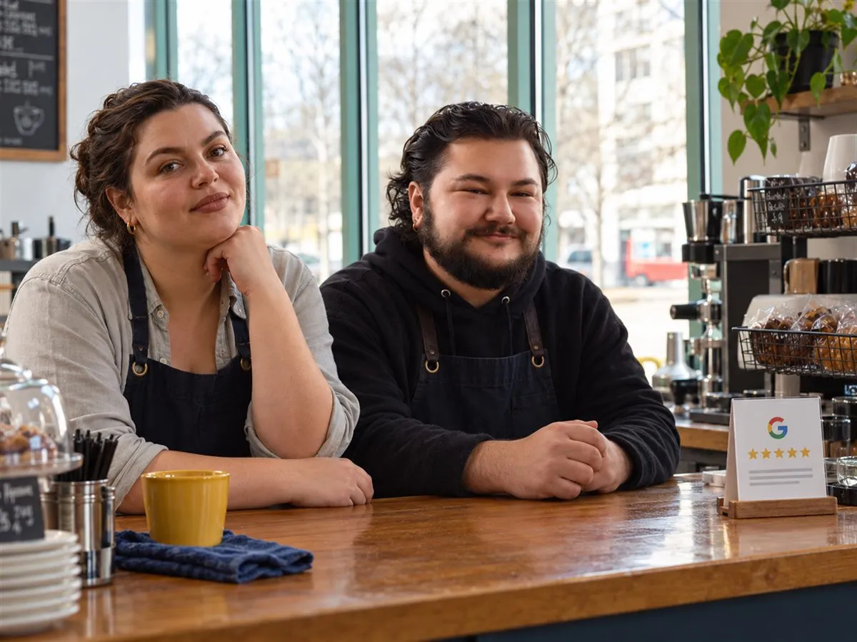 Deux gérants de café accoudés à leur comptoir