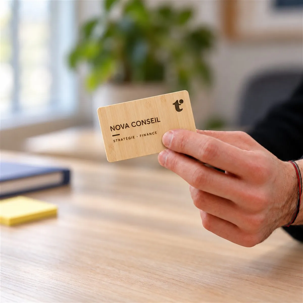 Carte de visite NFC en bambou tenue en main