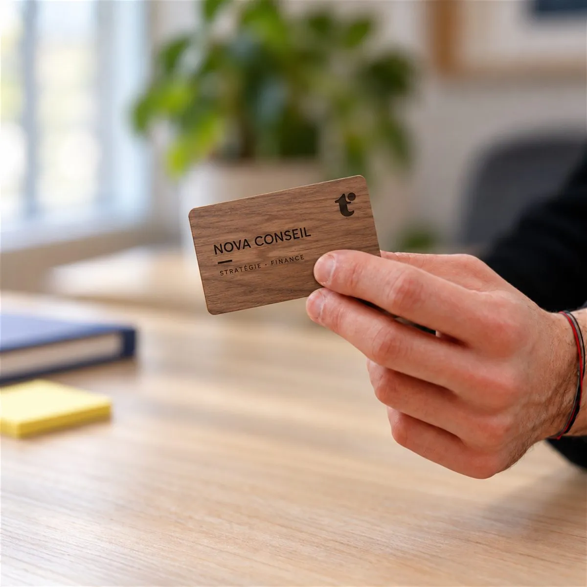 Carte de visite NFC en bois tenue en main