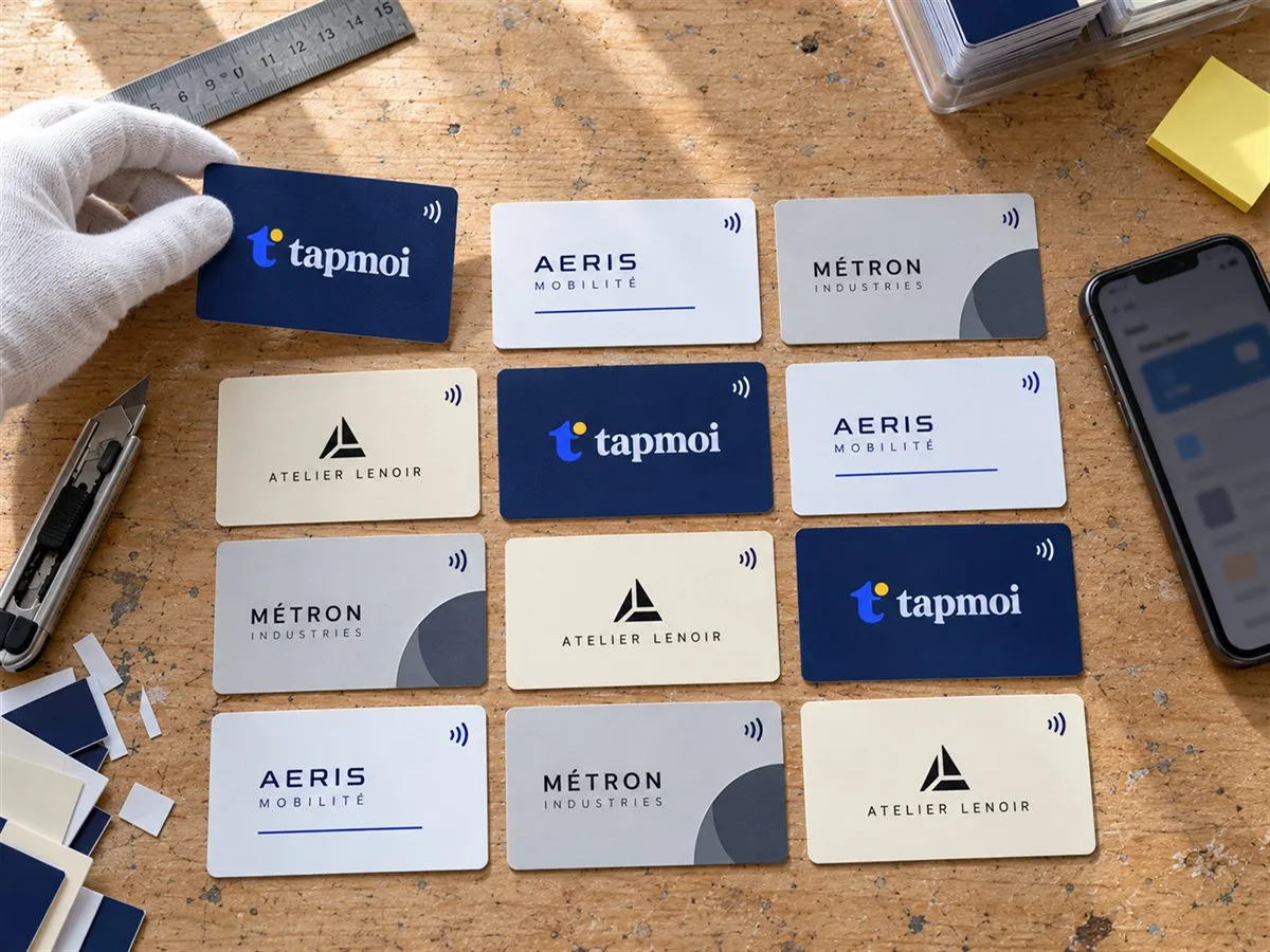 Douze cartes de visite NFC imprimées alignées sur un plan de travail, à côté d’un téléphone